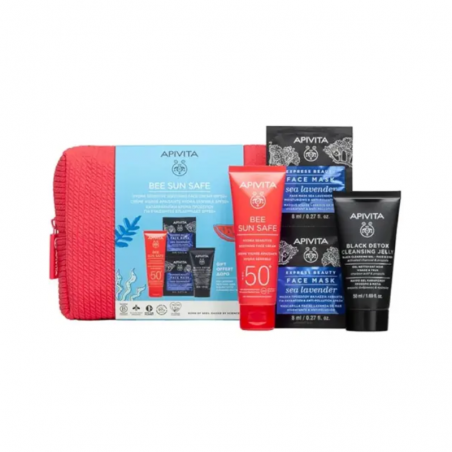 Apivita Bee Sun Safe Hydra Sensitive Crema Facial Calmante SPF50 50 ml pack face mask + black detox cleansing jelly