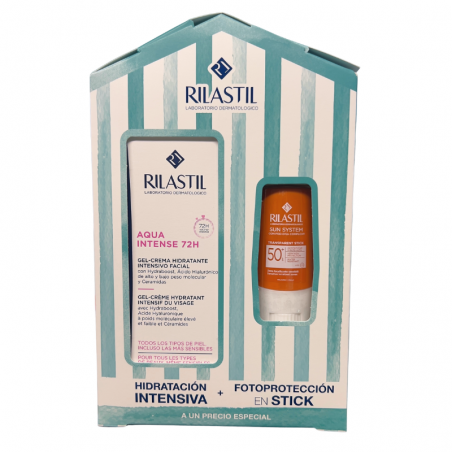 Rilastil pack aqua intense 72h + sun system stick transparente